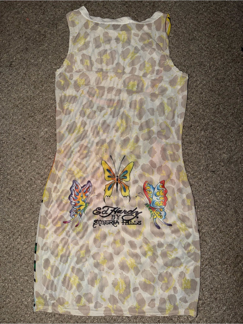 RARE ED HARDY x SIBERIA HILLS Sheer Mesh Butterfly Leopard Tattoo Mini Dress L - Picture 3 of 10